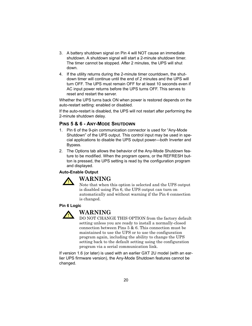 Pins 5 & 6 - any-mode shutdown, Auto-enable output, Pin 6 logic | Auto-enable output pin 6 logic, Warning | Liebert 208V User Manual | Page 24 / 40