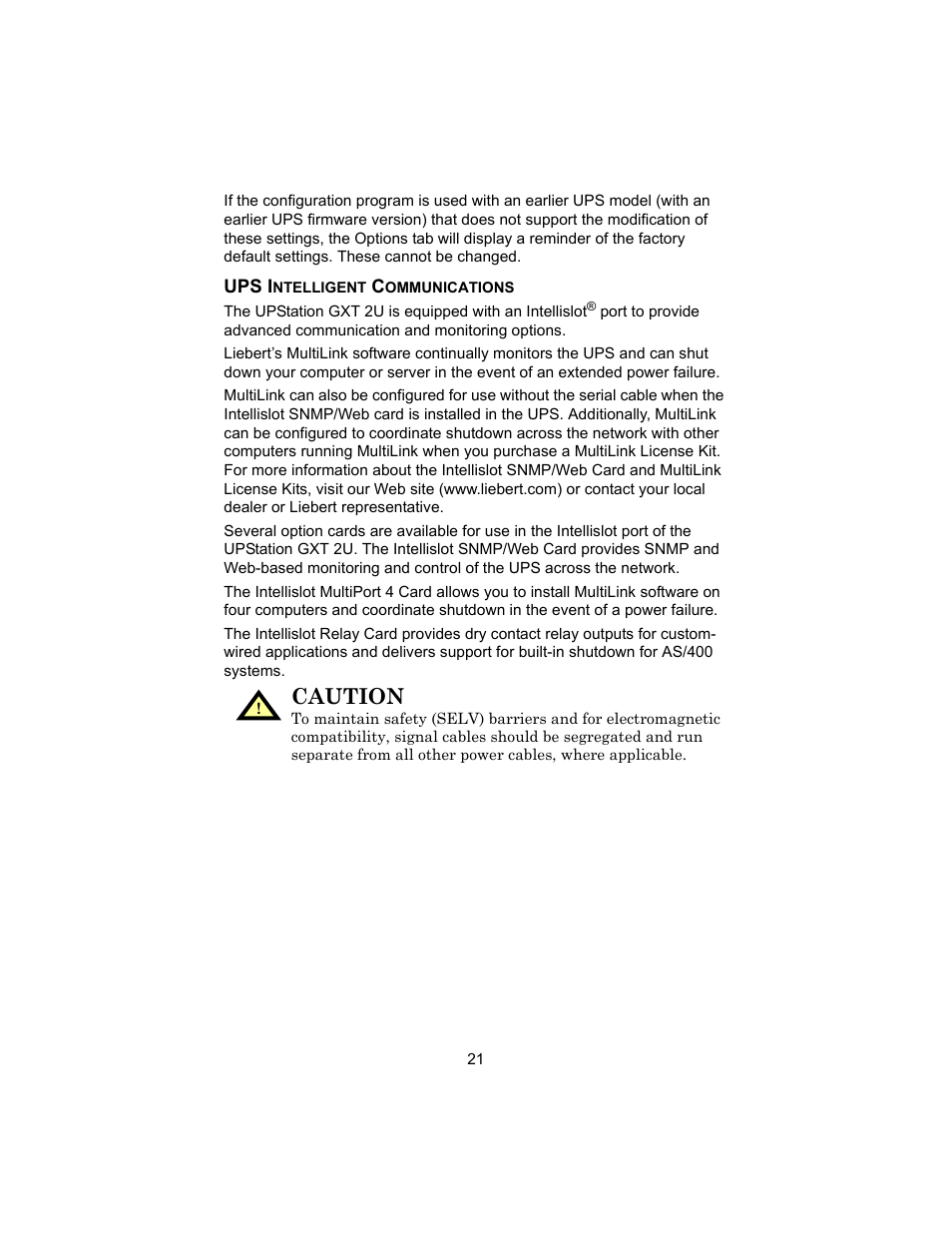 Ups intelligent communications, Caution | Liebert 208V User Manual | Page 25 / 40