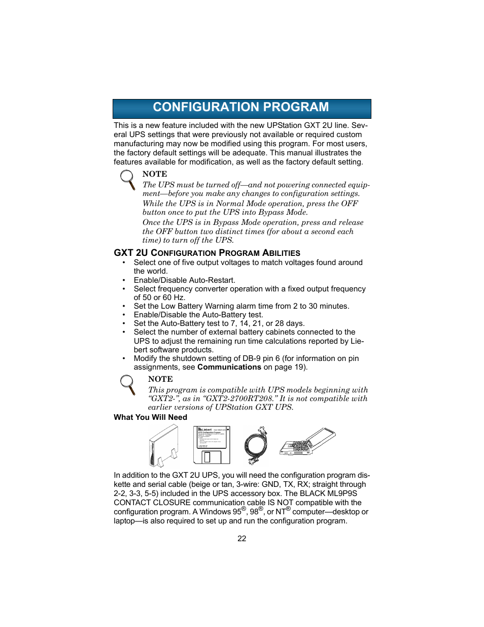 Configuration program, Gxt2u configuration program abilities, What you will need | Onfiguration, Rogram, Gxt 2u configuration program abilities, Configuration program on | Liebert 208V User Manual | Page 26 / 40