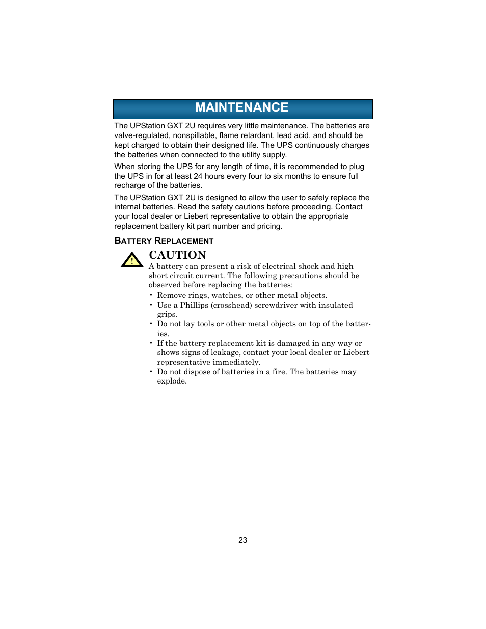 Maintenance, Battery replacement, Aintenance | Caution | Liebert 208V User Manual | Page 27 / 40