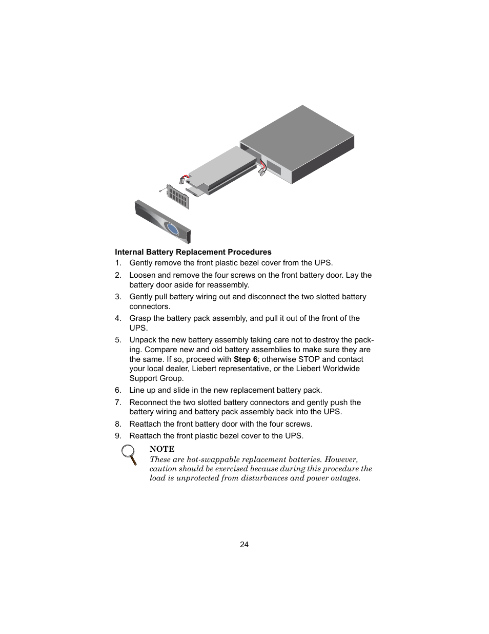 Internal battery replacement procedures | Liebert 208V User Manual | Page 28 / 40