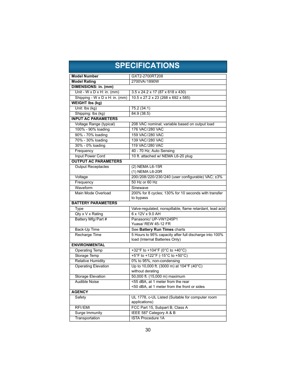 Specifications, Pecifications, Specifications section) | Liebert 208V User Manual | Page 34 / 40
