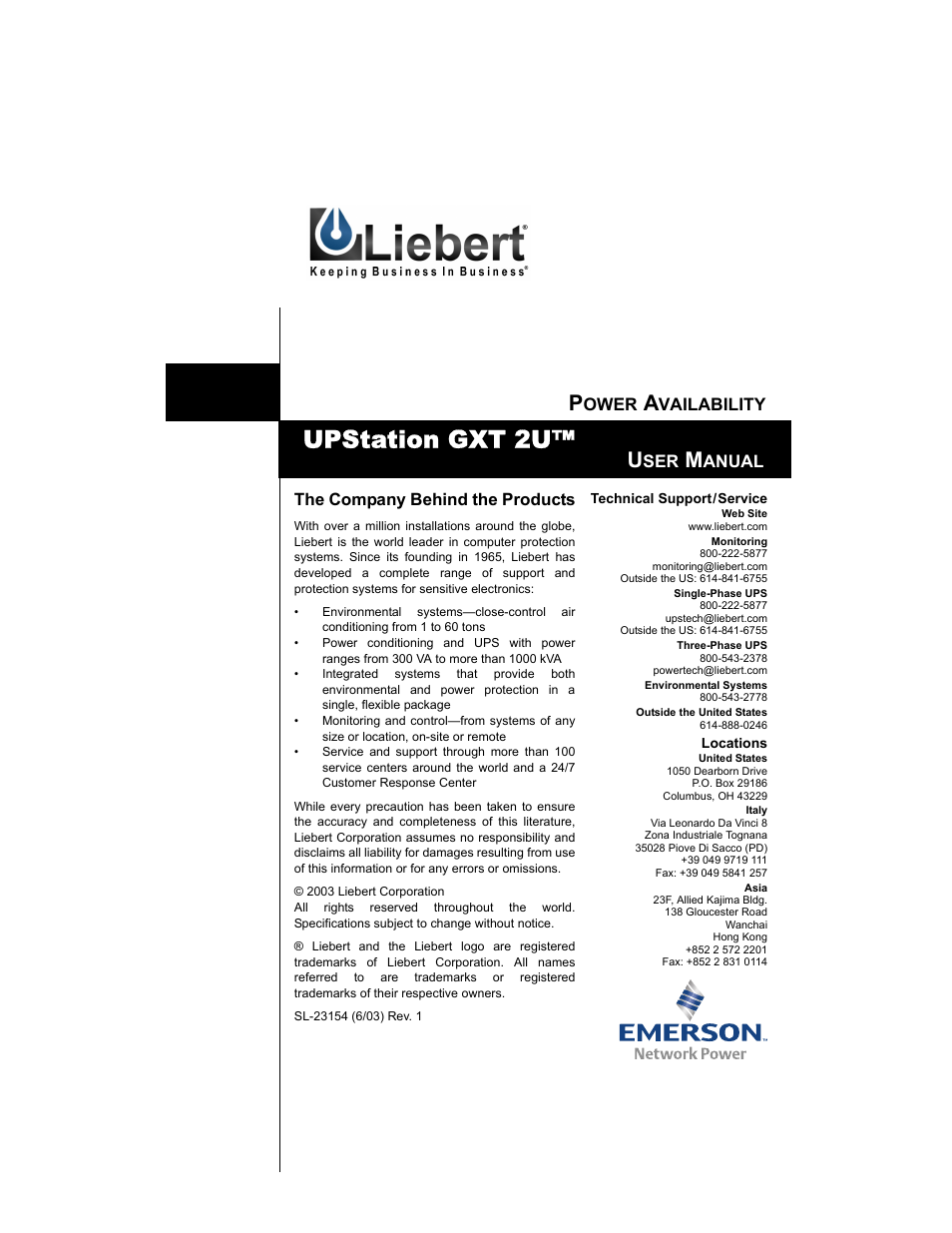 Upstation gxt 2u, The company behind the products, Ower | Vailability, Anual | Liebert 208V User Manual | Page 40 / 40