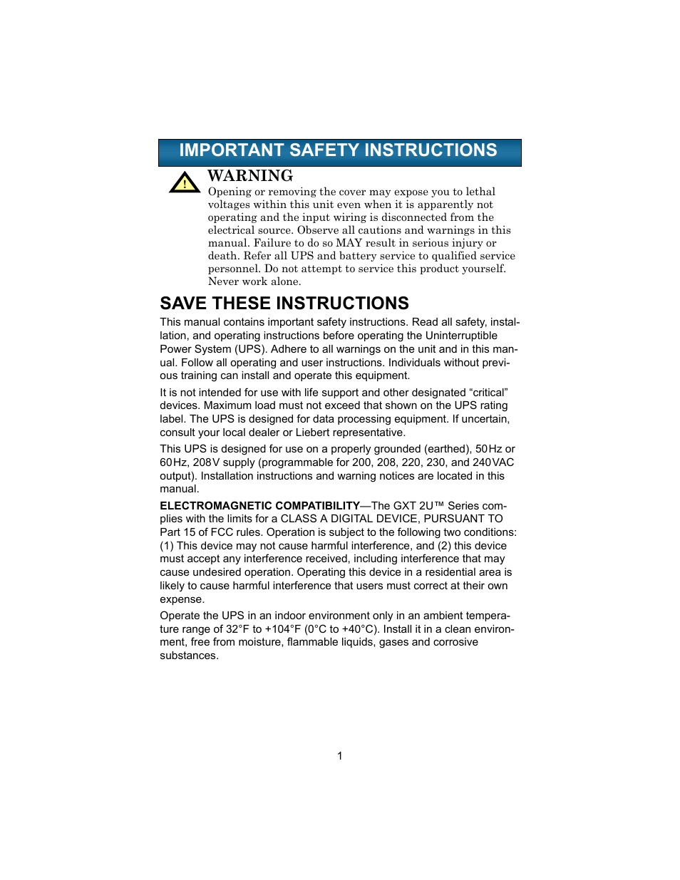 Important safety instructions, Mportant, Afety | Nstructions, Warning | Liebert 208V User Manual | Page 5 / 40
