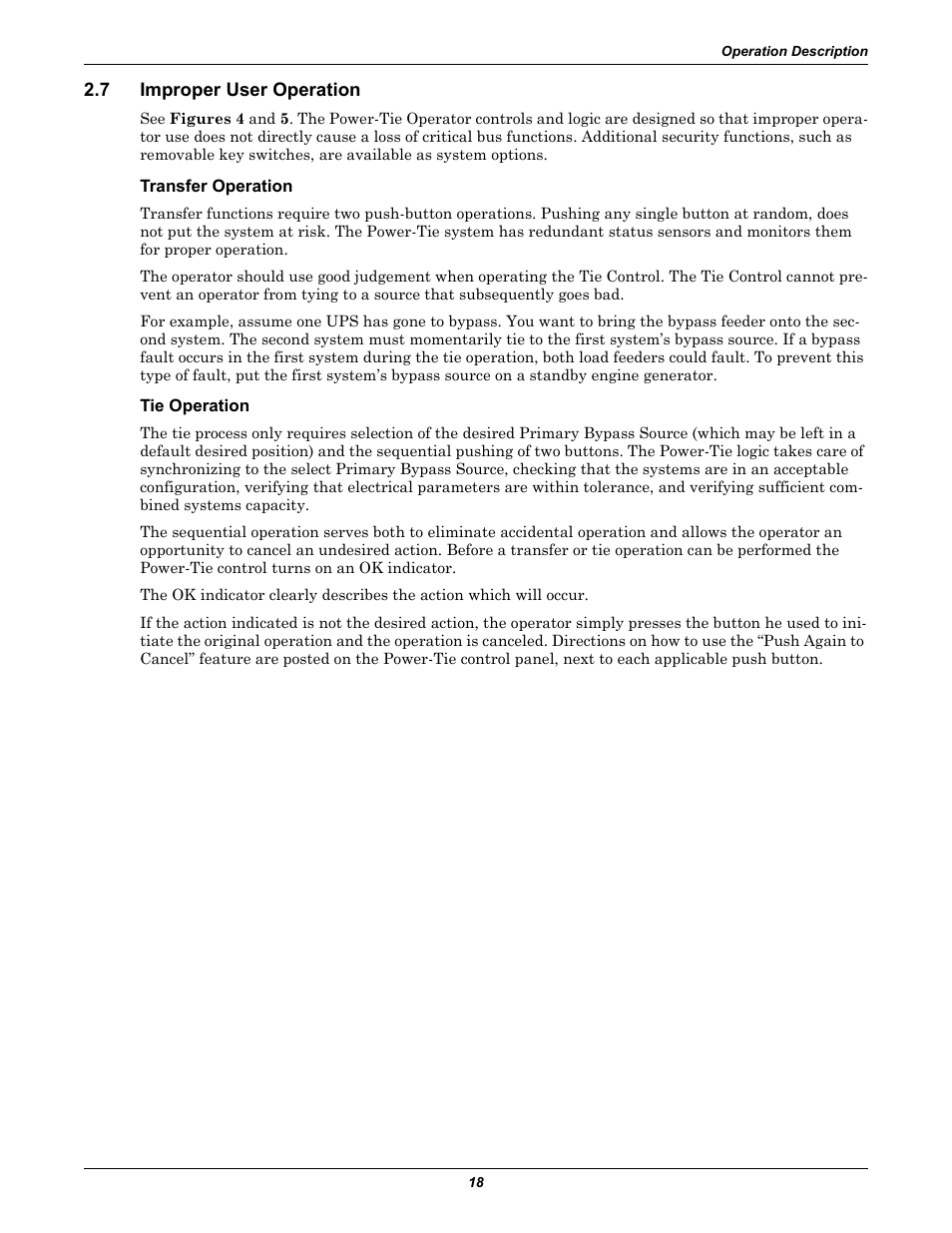 7 improper user operation, Transfer operation, Tie operation | Improper user operation | Liebert Series 610 User Manual | Page 22 / 44