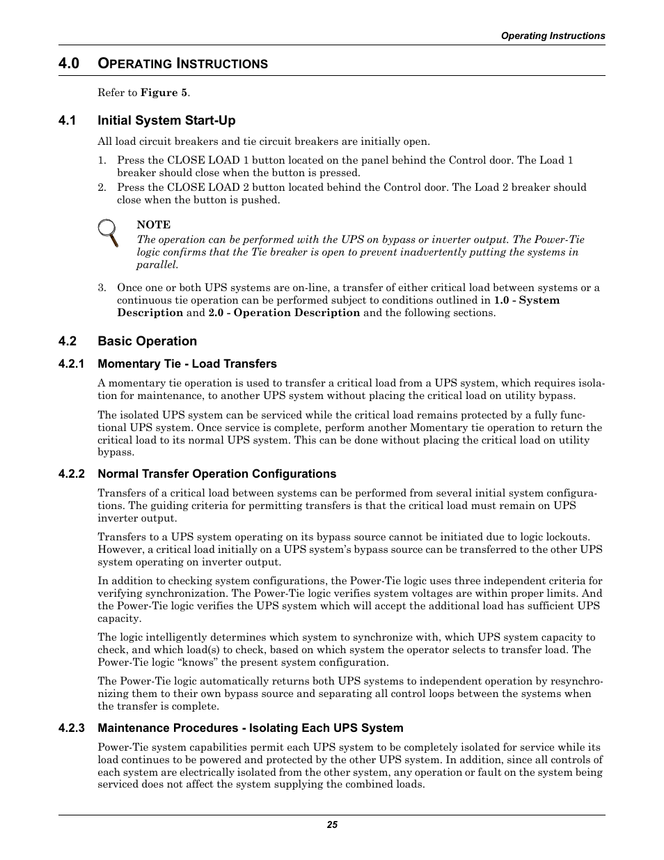 0 operating instructions, 1 initial system start-up, 2 basic operation | 1 momentary tie - load transfers, 2 normal transfer operation configurations, Perating, Nstructions, Initial system start-up, Basic operation, Momentary tie - load transfers | Liebert Series 610 User Manual | Page 29 / 44