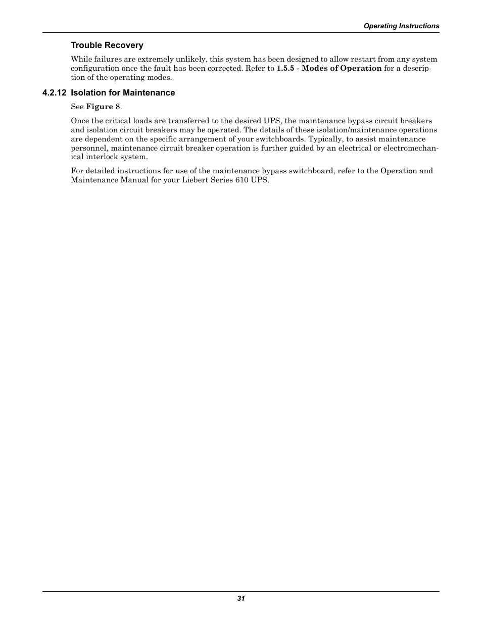 Trouble recovery, 12 isolation for maintenance | Liebert Series 610 User Manual | Page 35 / 44