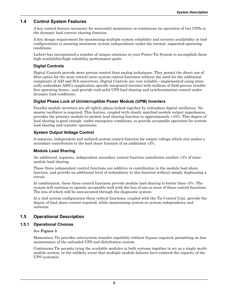 4 control system features, Digital controls, System output voltage control | Module load sharing, 5 operational description, 1 operational choices, Control system features, Operational description, Operational choices | Liebert Series 610 User Manual | Page 9 / 44
