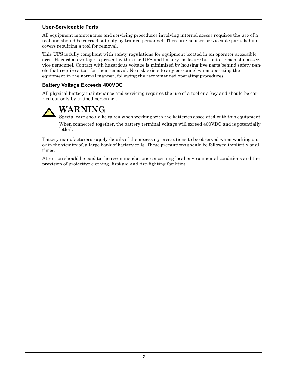 User-serviceable parts, Battery voltage exceeds 400vdc, Warning | Liebert Emerson NX UPS System User Manual | Page 10 / 88