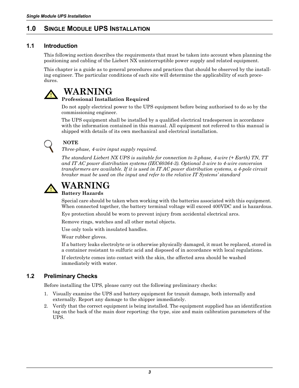 0 single module ups installation, 1 introduction, 2 preliminary checks | Ingle, Odule, Ups i, Nstallation, Introduction, Preliminary checks, Warning | Liebert Emerson NX UPS System User Manual | Page 11 / 88