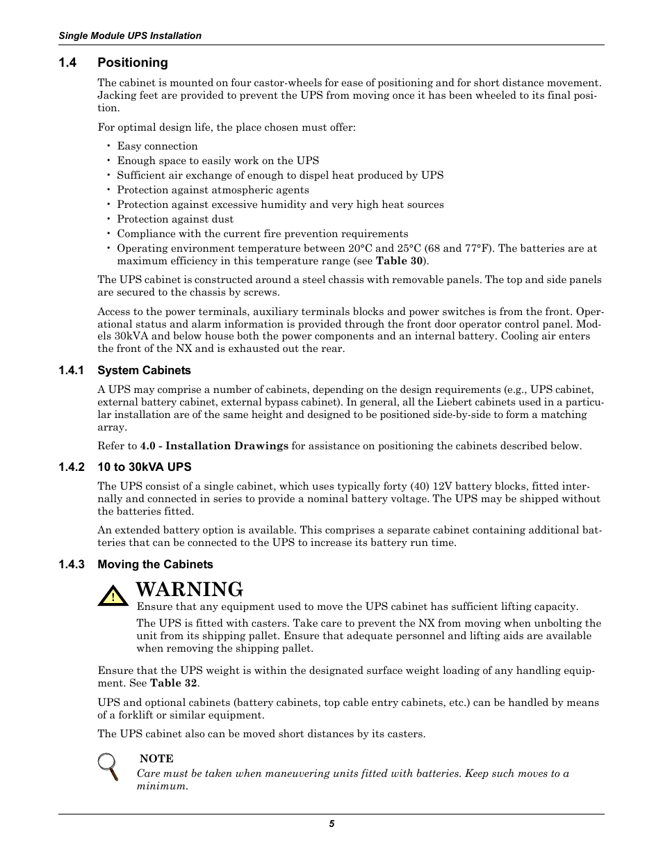 4 positioning, 1 system cabinets, 2 10 to 30kva ups | 3 moving the cabinets, Positioning, System cabinets, 10 to 30kva ups, Moving the cabinets, Warning | Liebert Emerson NX UPS System User Manual | Page 13 / 88