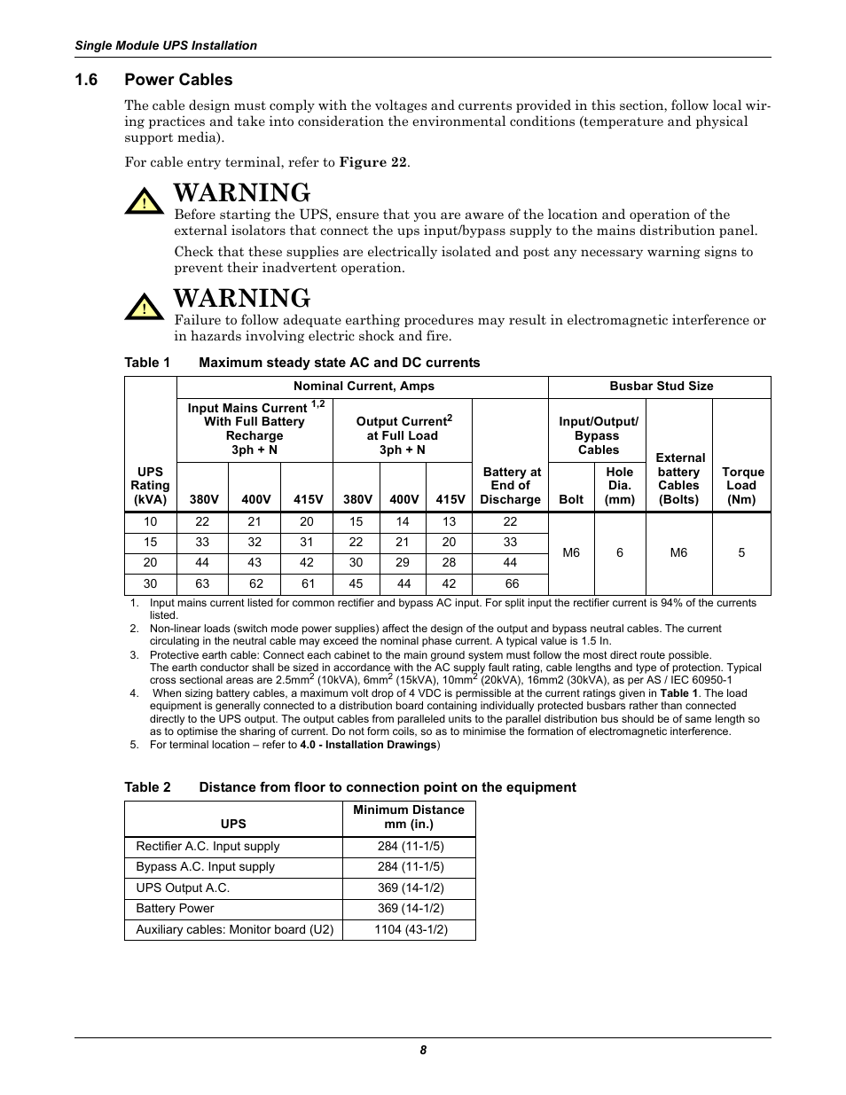 6 power cables, Table 1 maximum steady state ac and dc currents, Power cables | Maximum steady state ac and dc currents, Table 2, Warning | Liebert Emerson NX UPS System User Manual | Page 16 / 88