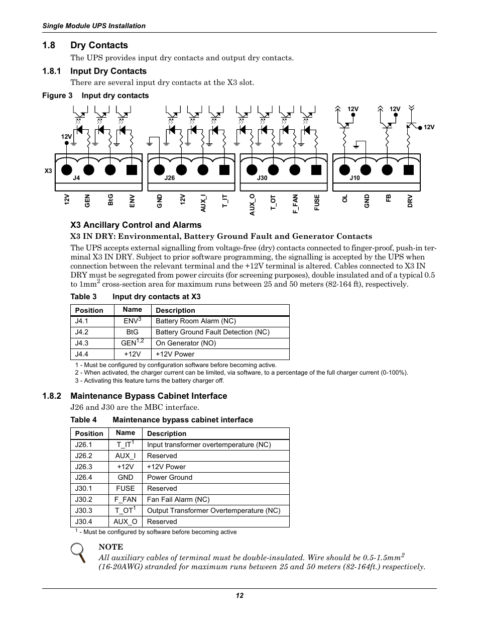8 dry contacts, 1 input dry contacts, Figure 3 input dry contacts | X3 ancillary control and alarms, Table 3 input dry contacts at x3, 2 maintenance bypass cabinet interface, Table 4 maintenance bypass cabinet interface, Dry contacts, Input dry contacts, Maintenance bypass cabinet interface | Liebert Emerson NX UPS System User Manual | Page 20 / 88