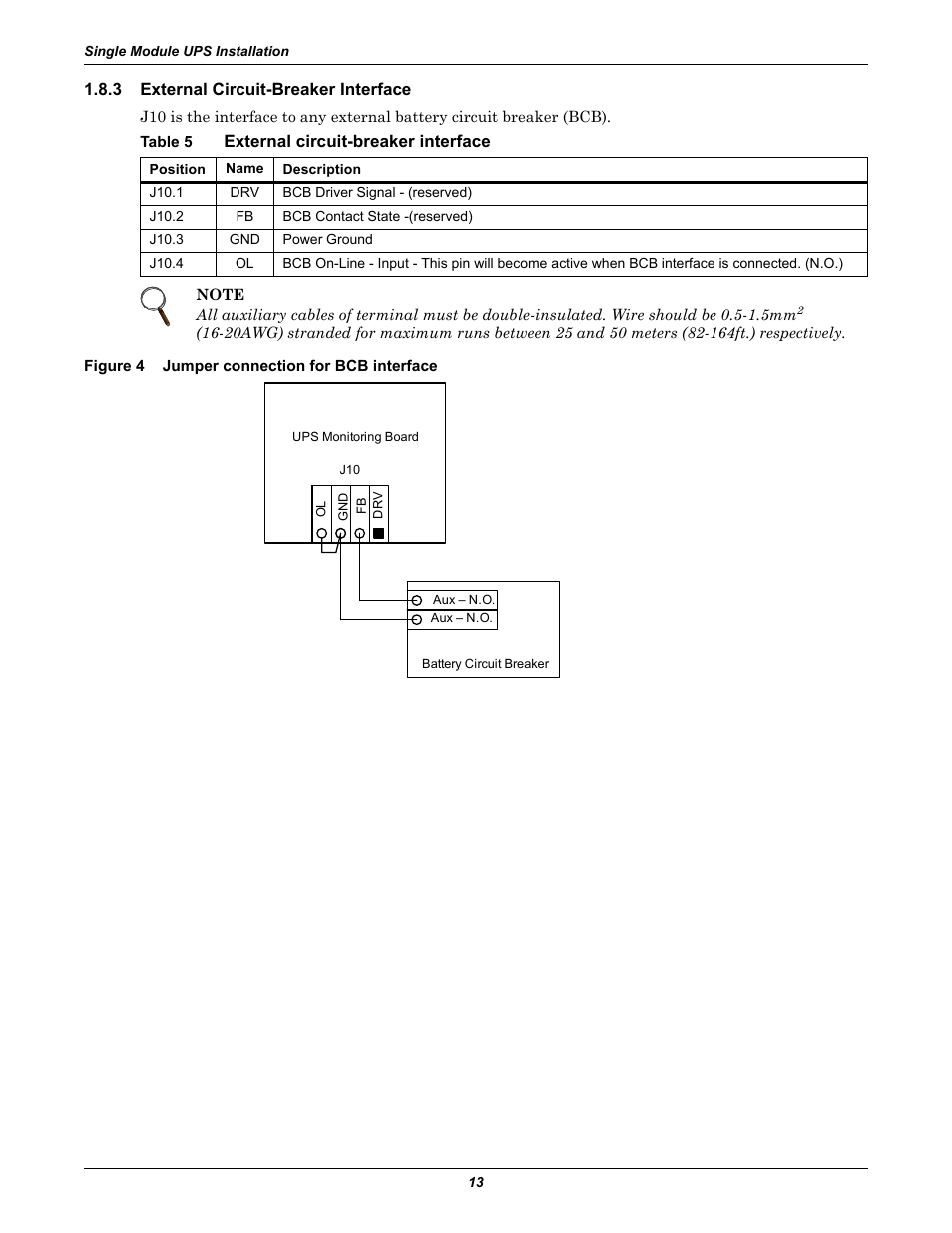 3 external circuit-breaker interface, Table 5 external circuit-breaker interface, Figure 4 jumper connection for bcb interface | External circuit-breaker interface, Figure 4, Jumper connection for bcb interface, Table 5 | Liebert Emerson NX UPS System User Manual | Page 21 / 88