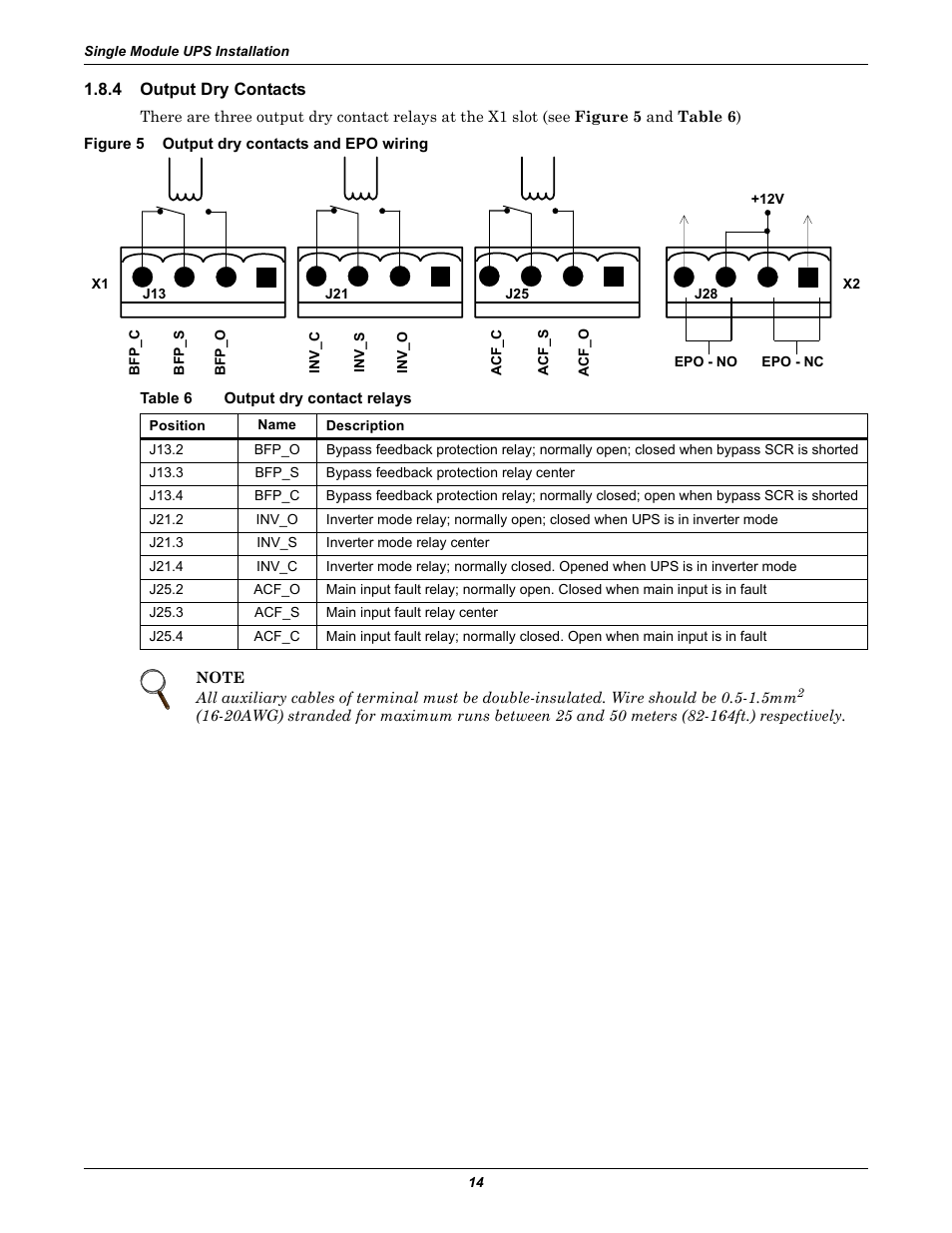 4 output dry contacts, Figure 5 output dry contacts and epo wiring, Table 6 output dry contact relays | Output dry contacts, Figure 5, Output dry contacts and epo wiring, Table 6, Output dry contact relays | Liebert Emerson NX UPS System User Manual | Page 22 / 88