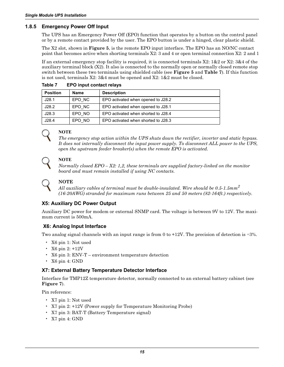 5 emergency power off input, Table 7 epo input contact relays, X5: auxiliary dc power output | X6: analog input interface, Emergency power off input, Table 7, Epo input contact relays | Liebert Emerson NX UPS System User Manual | Page 23 / 88