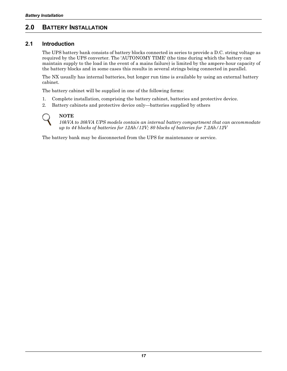 0 battery installation, 1 introduction, Attery | Nstallation, Introduction | Liebert Emerson NX UPS System User Manual | Page 25 / 88