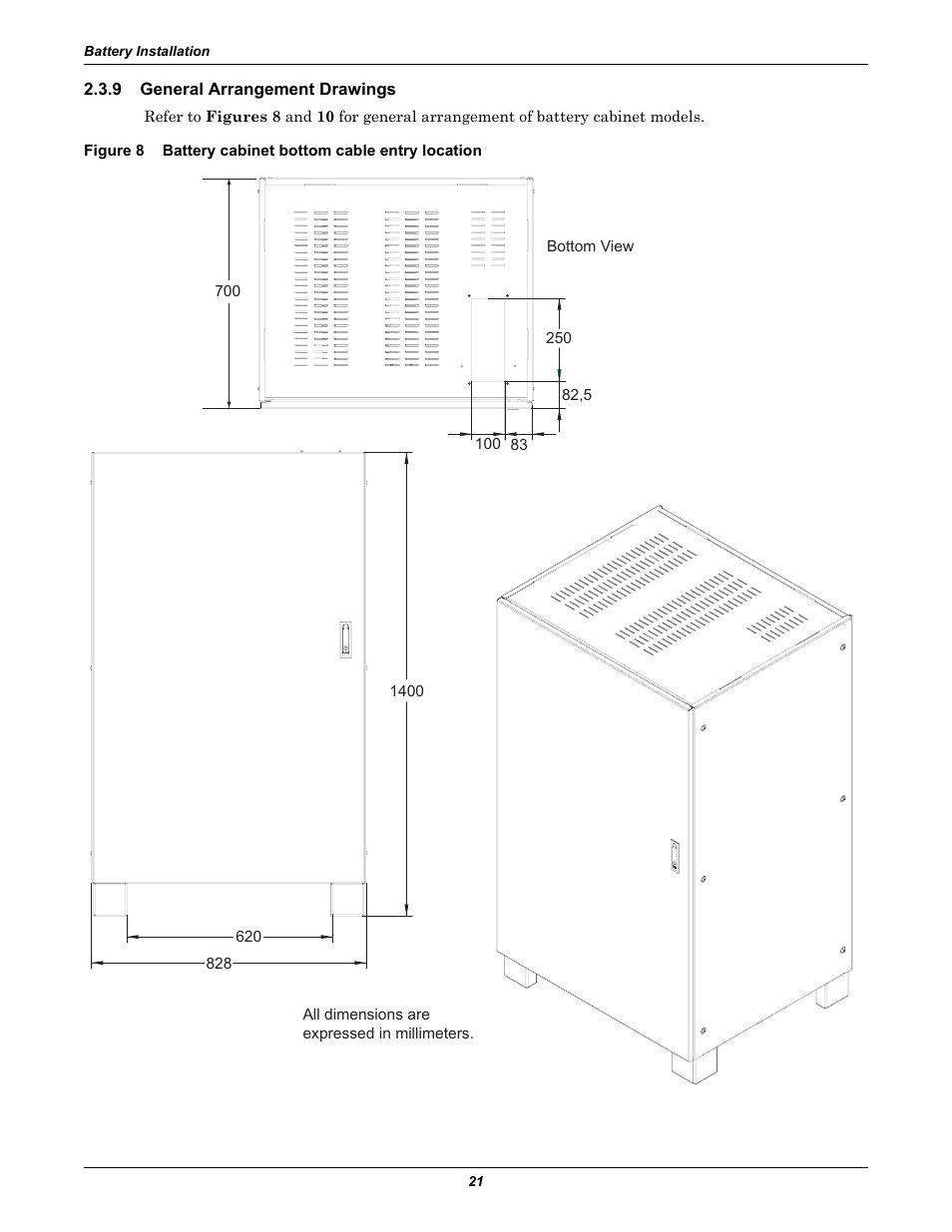 9 general arrangement drawings, General arrangement drawings, Figure 8 | Battery cabinet bottom cable entry location | Liebert Emerson NX UPS System User Manual | Page 29 / 88