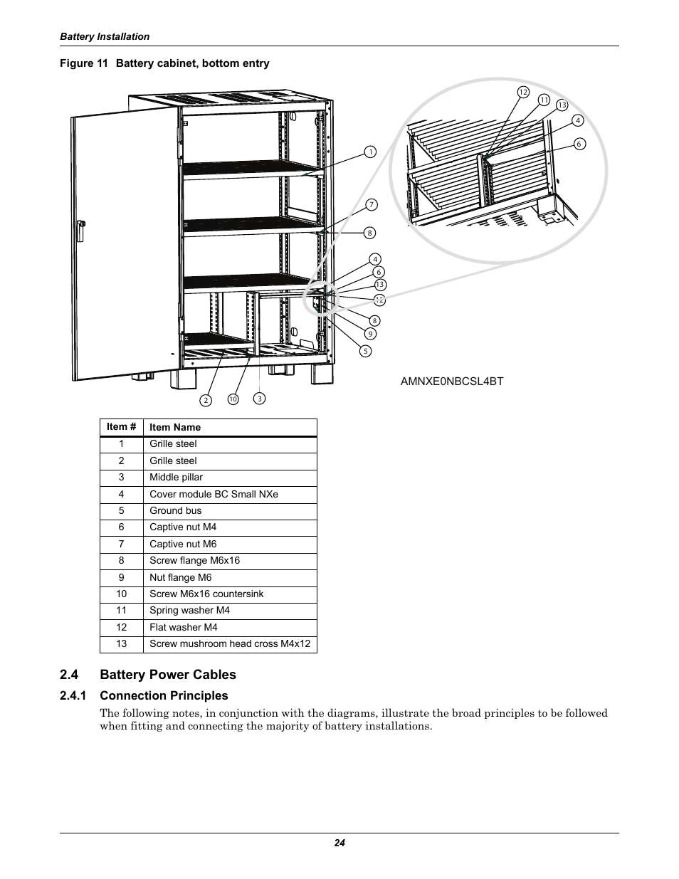 Figure 11 battery cabinet, bottom entry, 4 battery power cables, 1 connection principles | Battery power cables, Connection principles | Liebert Emerson NX UPS System User Manual | Page 32 / 88