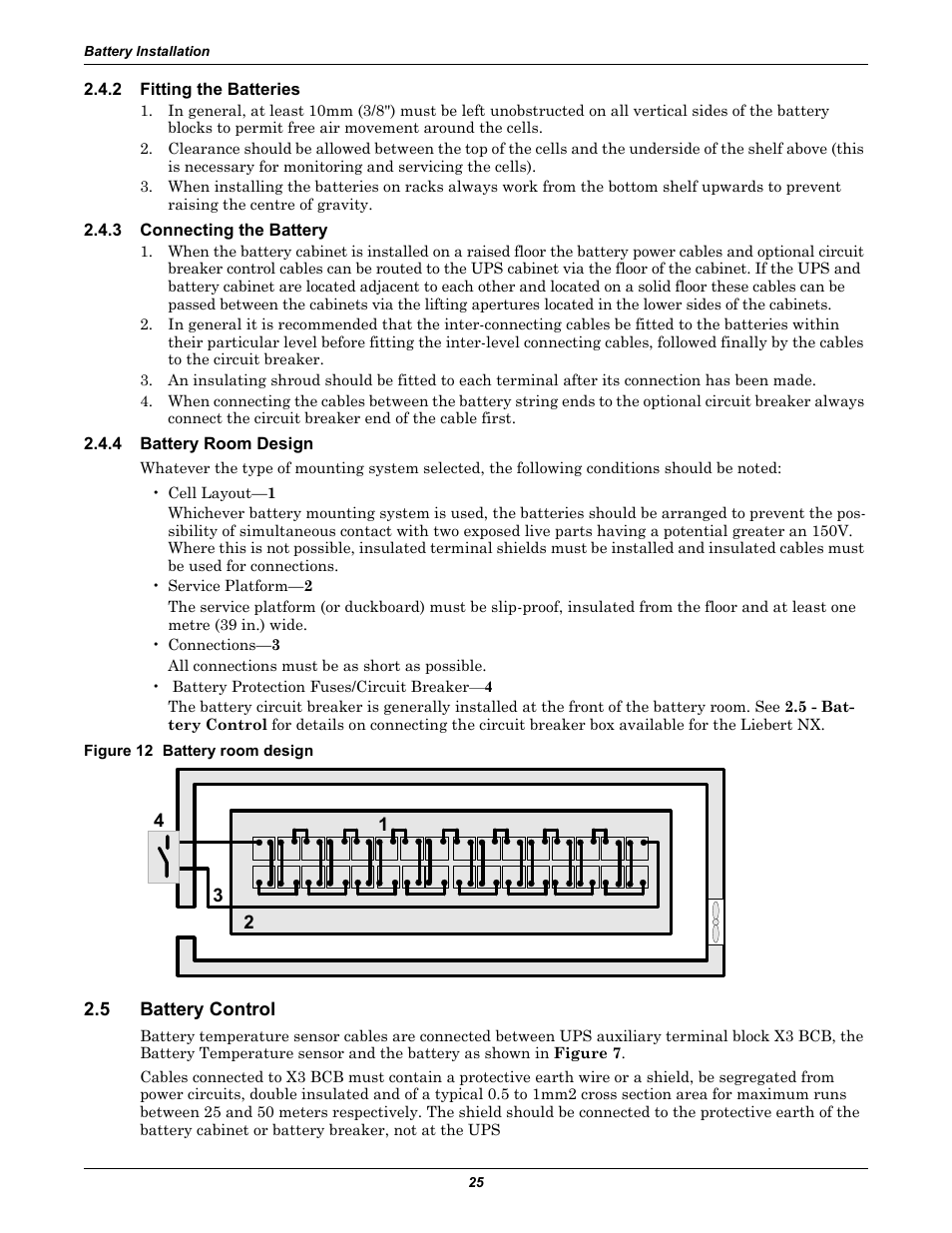 2 fitting the batteries, 3 connecting the battery, 4 battery room design | Figure 12 battery room design, 5 battery control, Fitting the batteries, Connecting the battery, Battery room design, Battery control | Liebert Emerson NX UPS System User Manual | Page 33 / 88