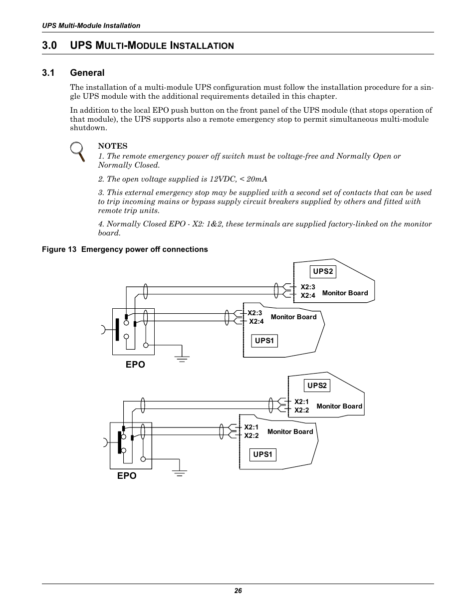 0 ups multi-module installation, 1 general, Figure 13 emergency power off connections | Ups m, Ulti, Odule, Nstallation, General, 0 ups m | Liebert Emerson NX UPS System User Manual | Page 34 / 88
