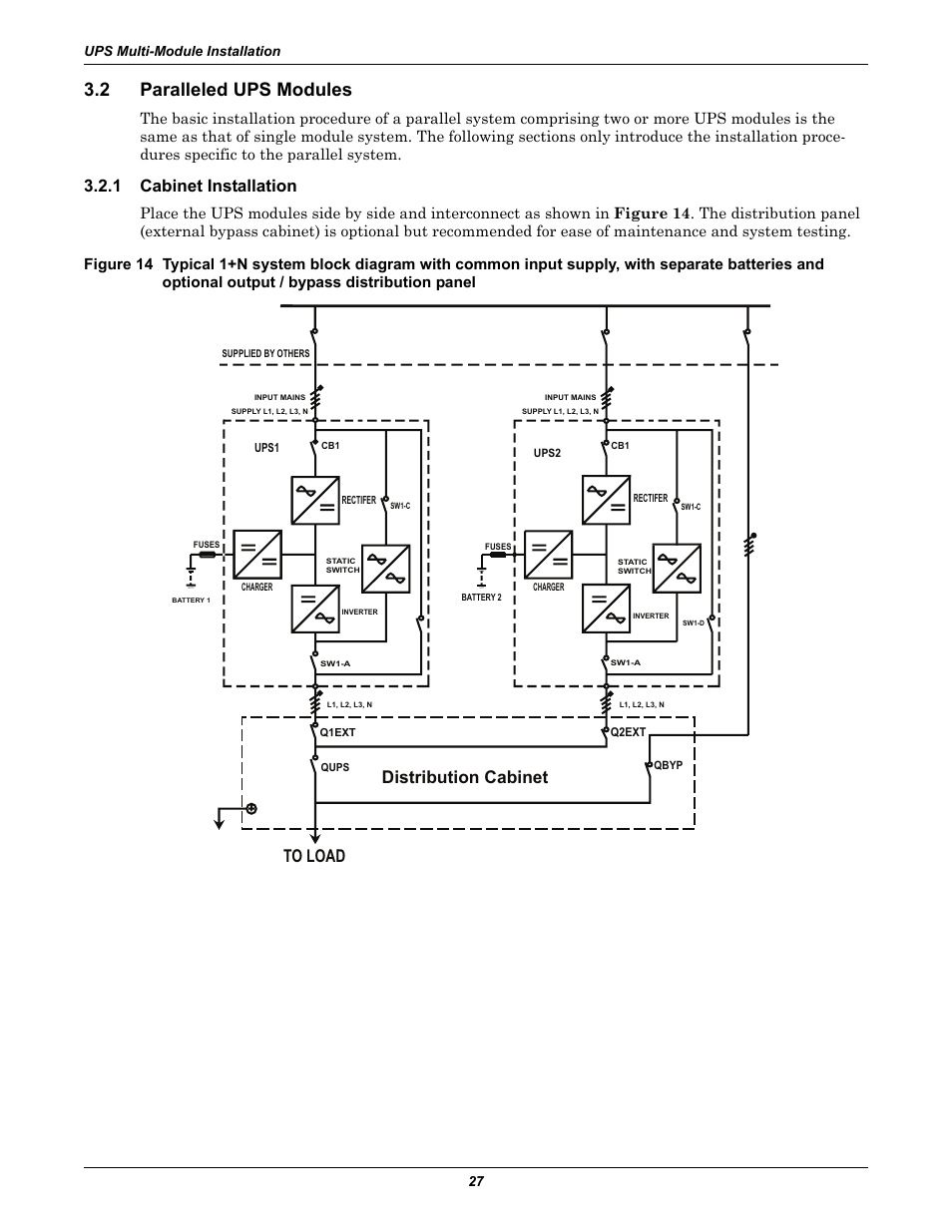2 paralleled ups modules, 1 cabinet installation, Paralleled ups modules | Cabinet installation, And optional output / bypass distribution panel, Distribution cabinet to load | Liebert Emerson NX UPS System User Manual | Page 35 / 88