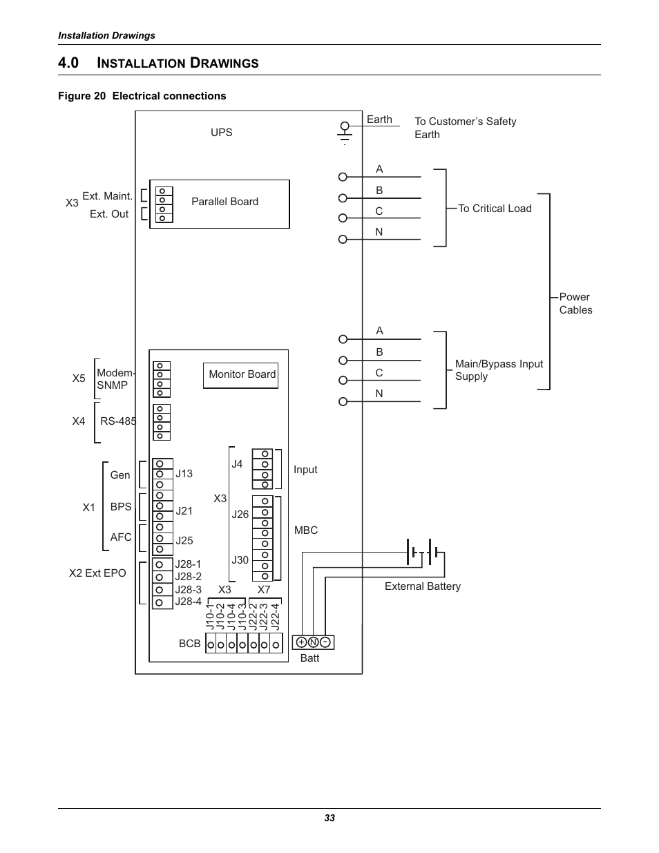 0 installation drawings, Figure 20 electrical connections, Nstallation | Rawings | Liebert Emerson NX UPS System User Manual | Page 41 / 88