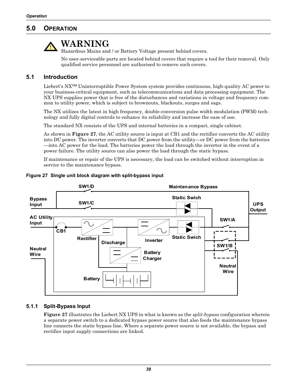 0 operation, 1 introduction, 1 split-bypass input | Peration, Introduction, Split-bypass input, Warning | Liebert Emerson NX UPS System User Manual | Page 47 / 88