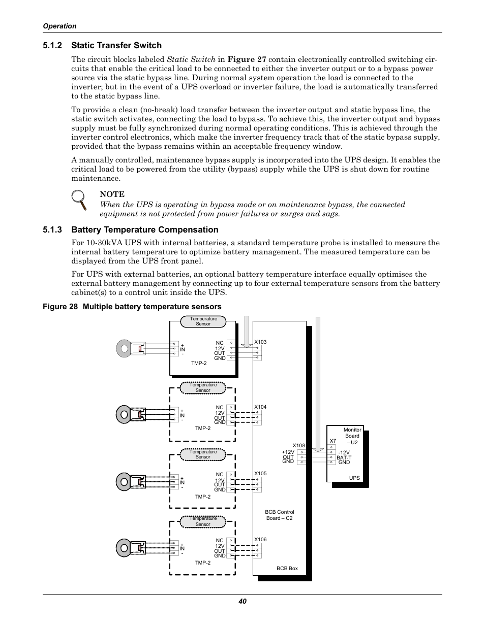 2 static transfer switch, 3 battery temperature compensation, Figure 28 multiple battery temperature sensors | Static transfer switch, Battery temperature compensation | Liebert Emerson NX UPS System User Manual | Page 48 / 88