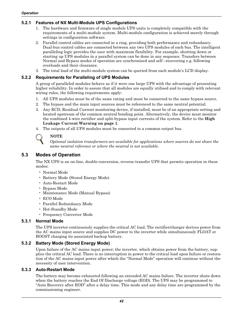 1 features of nx multi-module ups configurations, 2 requirements for paralleling of ups modules, 3 modes of operation | 1 normal mode, 2 battery mode (stored energy mode), 3 auto-restart mode, Features of nx multi-module ups configurations, Requirements for paralleling of ups modules, Modes of operation, Normal mode | Liebert Emerson NX UPS System User Manual | Page 50 / 88
