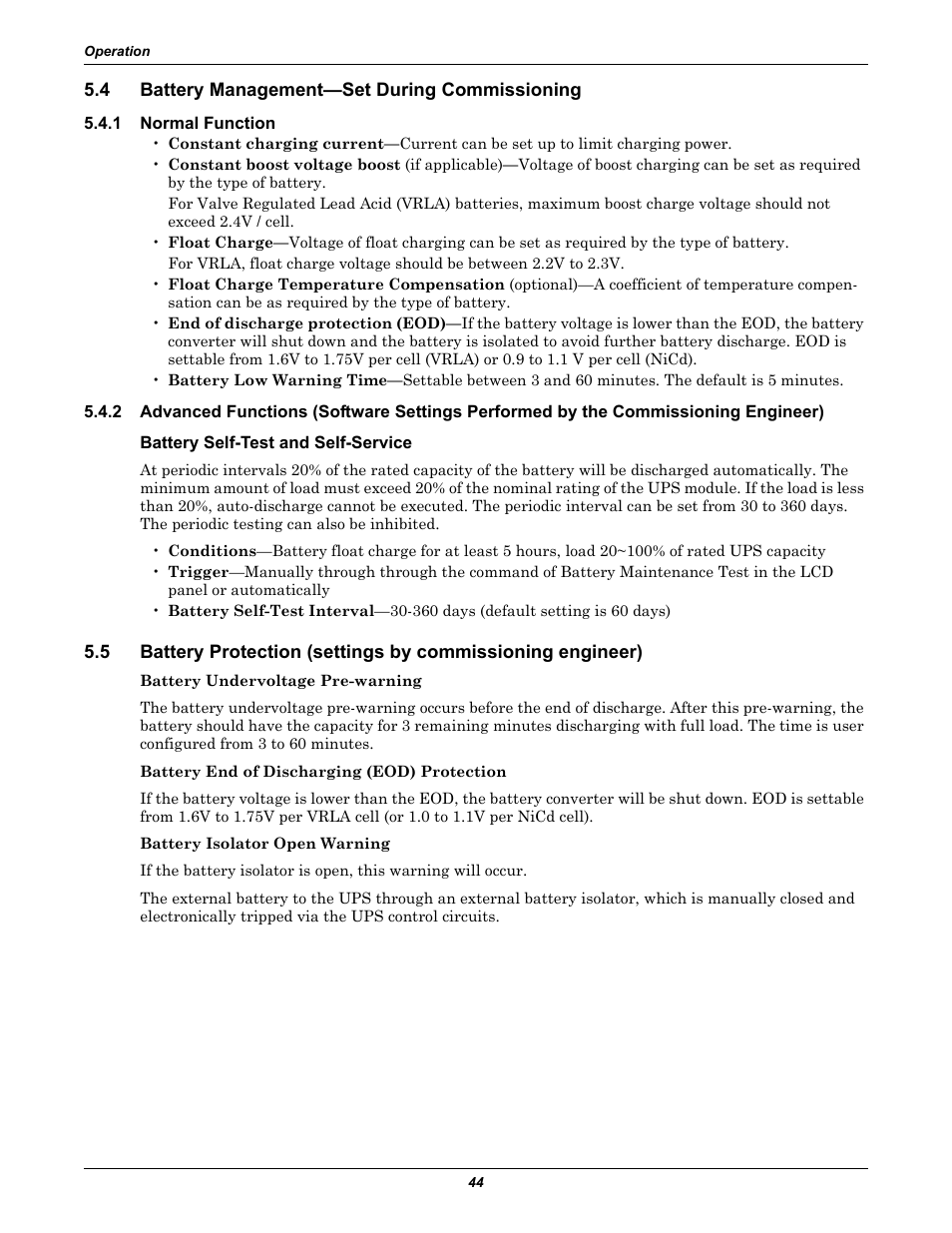 4 battery management-set during commissioning, 1 normal function, Battery self-test and self-service | Battery management—set during commissioning, Normal function | Liebert Emerson NX UPS System User Manual | Page 52 / 88