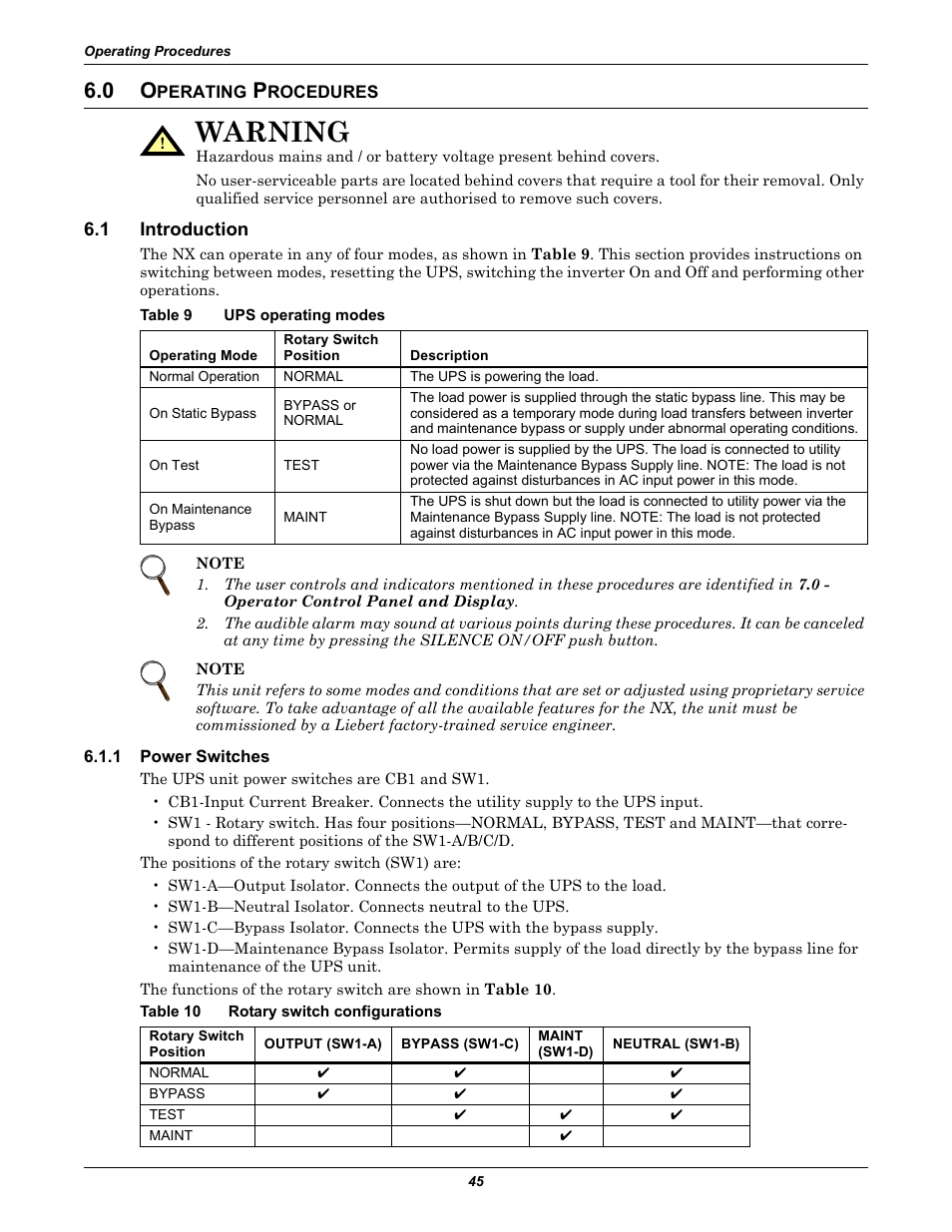 0 operating procedures, 1 introduction, Table 9 ups operating modes | 1 power switches, Table 10 rotary switch configurations, Perating, Rocedures, Introduction, Power switches, Table 9 | Liebert Emerson NX UPS System User Manual | Page 53 / 88