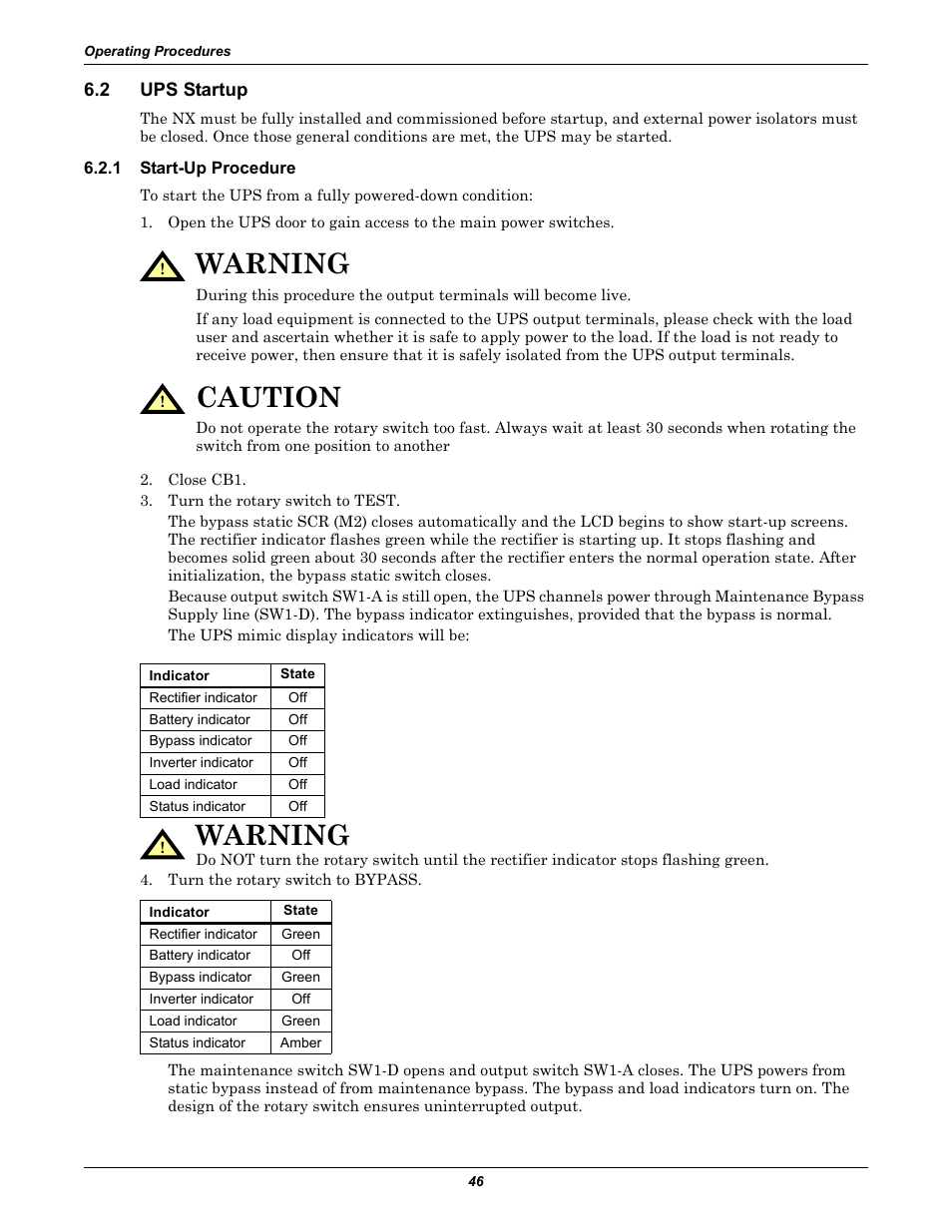 2 ups startup, 1 start-up procedure, Ups startup | Start-up procedure, Warning, Caution | Liebert Emerson NX UPS System User Manual | Page 54 / 88