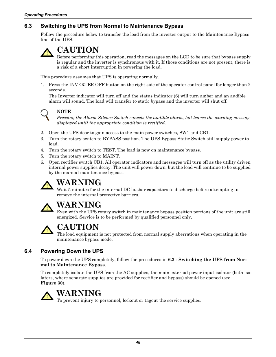 4 powering down the ups, Powering down the ups, Caution | Warning | Liebert Emerson NX UPS System User Manual | Page 56 / 88