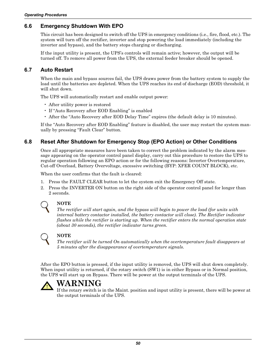 6 emergency shutdown with epo, 7 auto restart, Emergency shutdown with epo | Auto restart, Warning | Liebert Emerson NX UPS System User Manual | Page 58 / 88