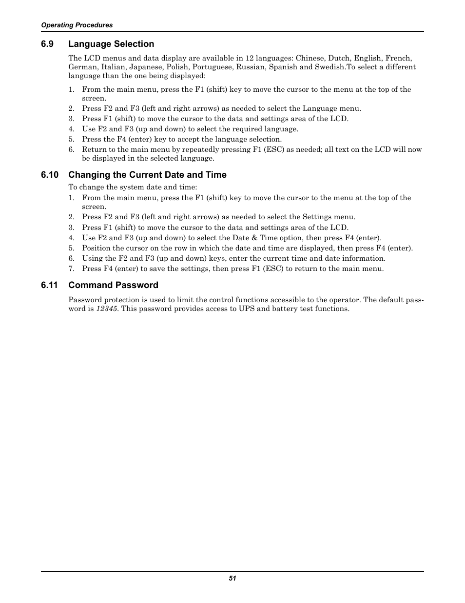 9 language selection, 10 changing the current date and time, 11 command password | Language selection, Changing the current date and time, Command password | Liebert Emerson NX UPS System User Manual | Page 59 / 88