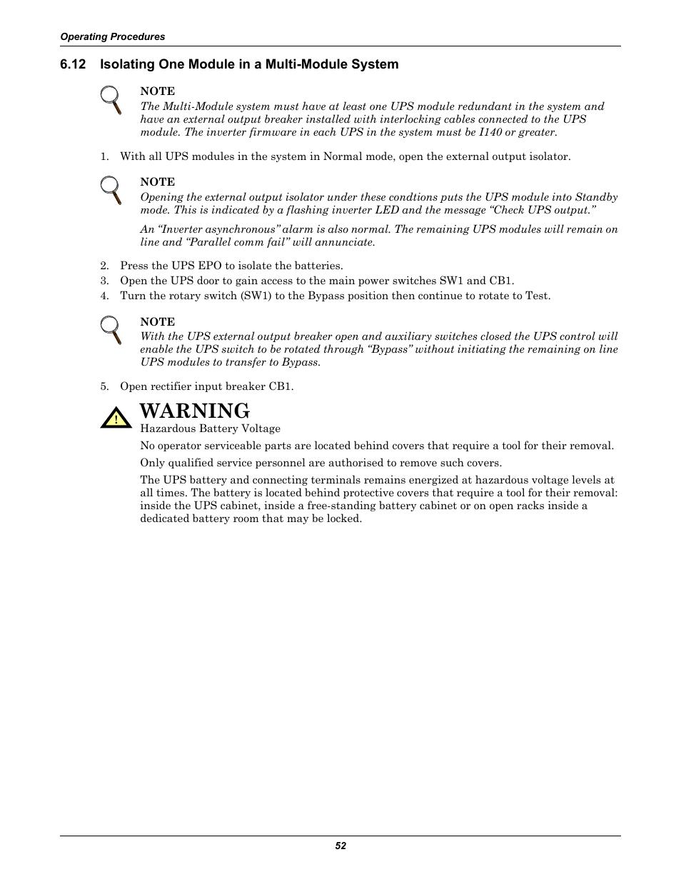 12 isolating one module in a multi-module system, Isolating one module in a multi-module system, Warning | Liebert Emerson NX UPS System User Manual | Page 60 / 88