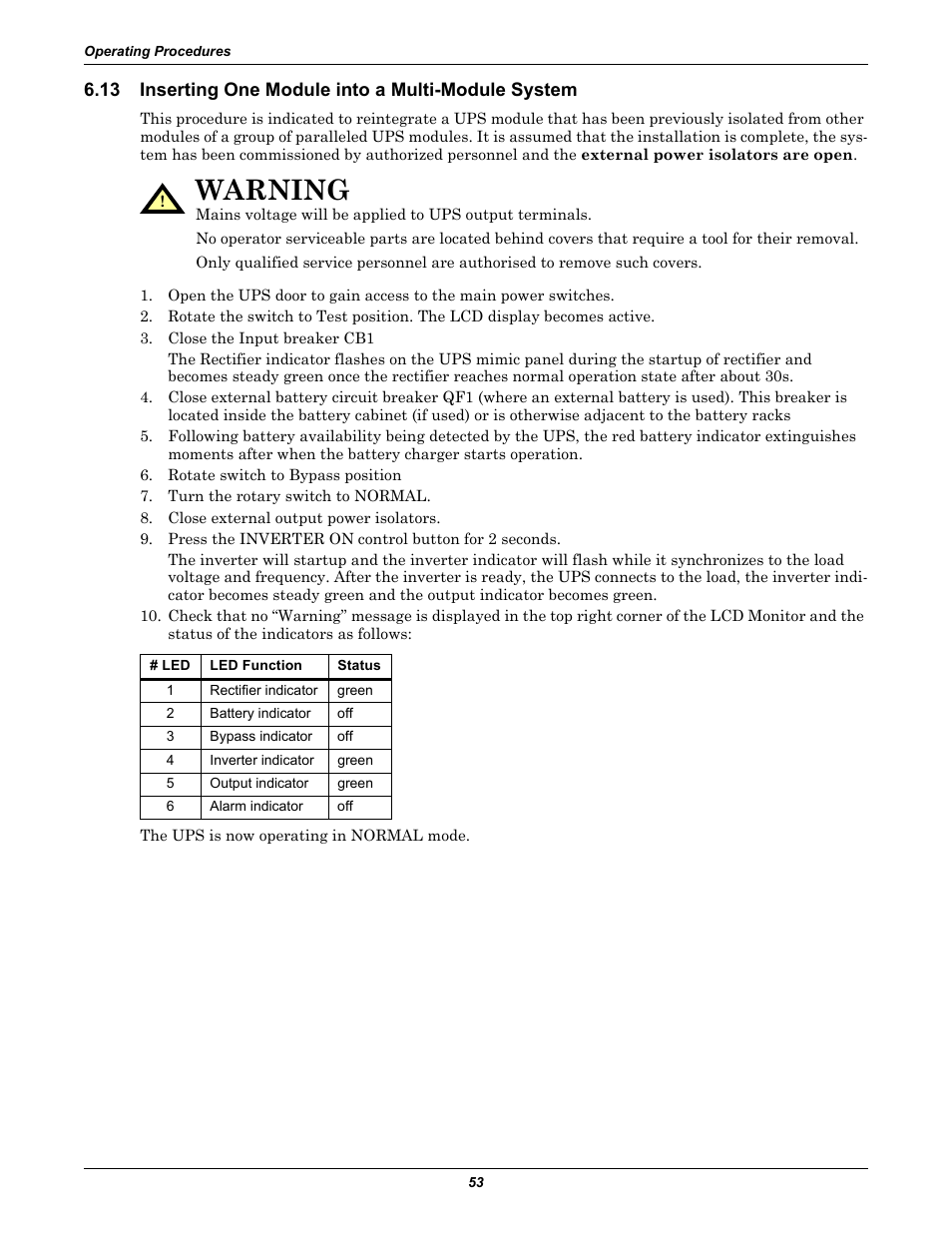 13 inserting one module into a multi-module system, Inserting one module into a multi-module system, Warning | Liebert Emerson NX UPS System User Manual | Page 61 / 88