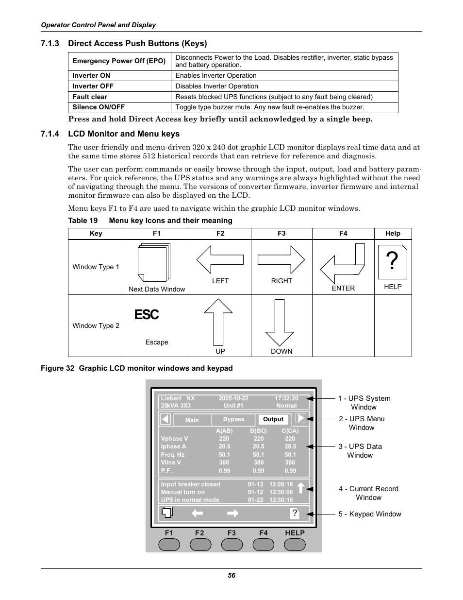 3 direct access push buttons (keys), 4 lcd monitor and menu keys, Table 19 menu key icons and their meaning | Figure 32 graphic lcd monitor windows and keypad, Direct access push buttons (keys), Lcd monitor and menu keys, Table 19, Menu key icons and their meaning | Liebert Emerson NX UPS System User Manual | Page 64 / 88