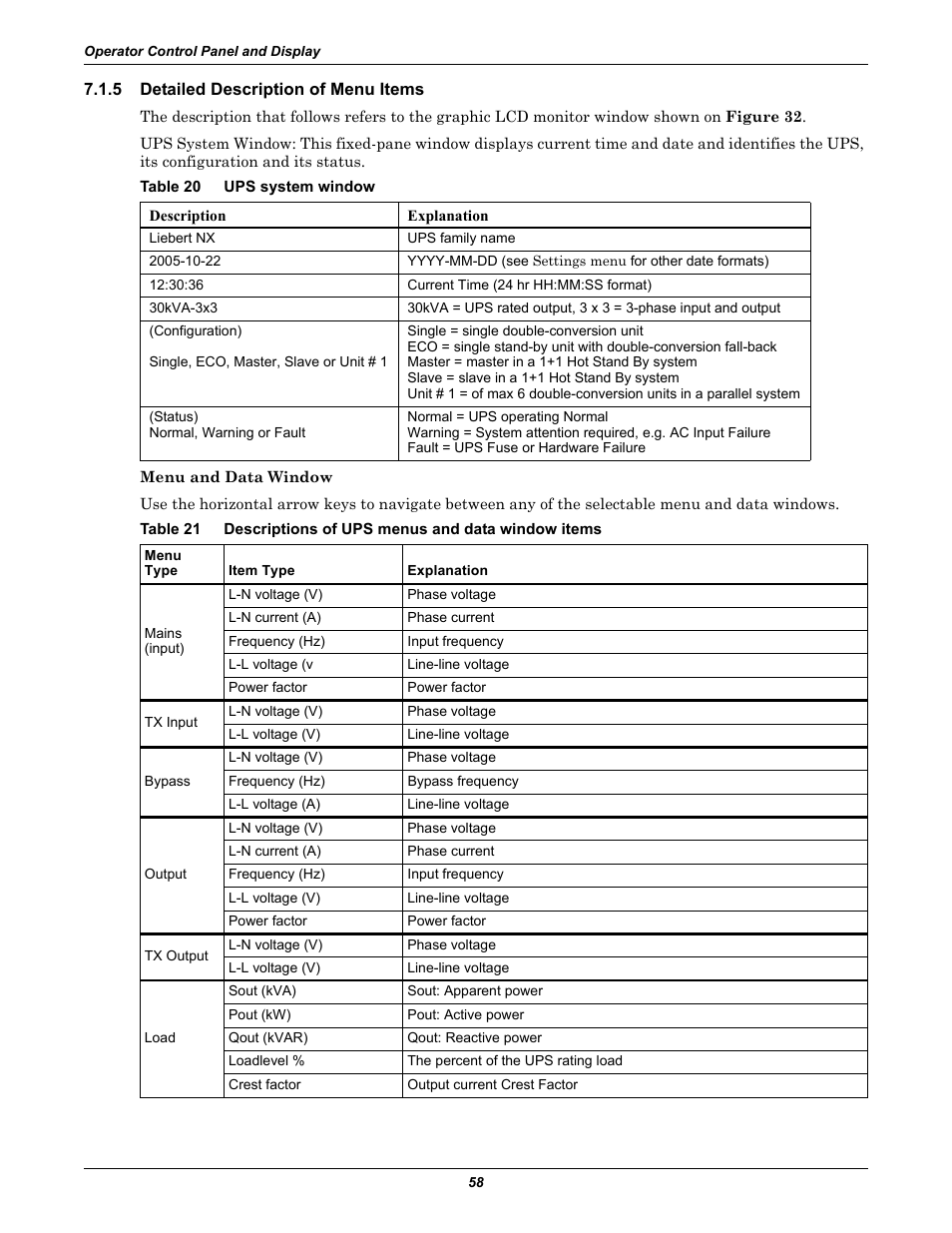 5 detailed description of menu items, Table 20 ups system window, Detailed description of menu items | Table 20, Ups system window, Table 21, Descriptions of ups menus and data window items | Liebert Emerson NX UPS System User Manual | Page 66 / 88