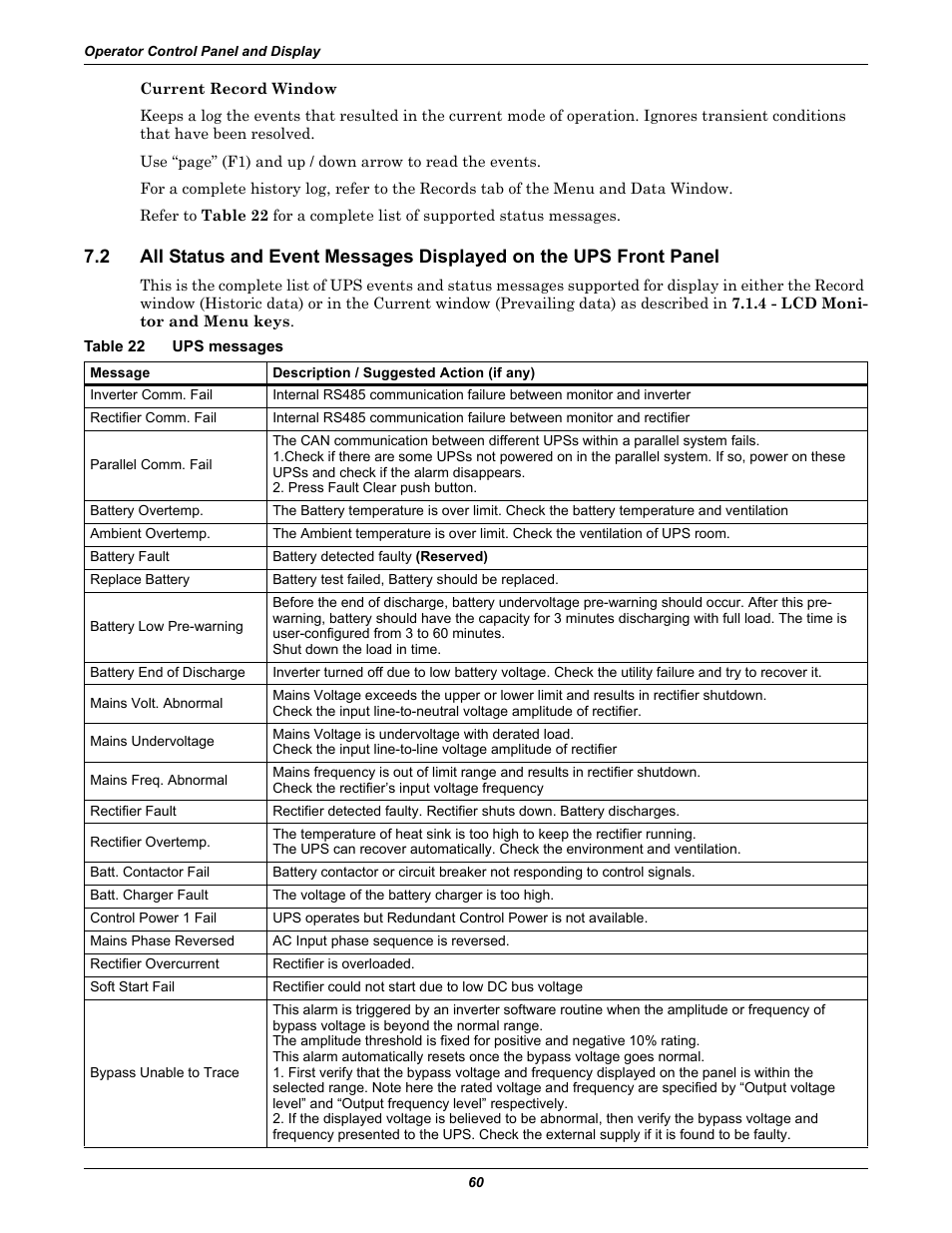 Table 22 ups messages, Table 22, Ups messages | Liebert Emerson NX UPS System User Manual | Page 68 / 88