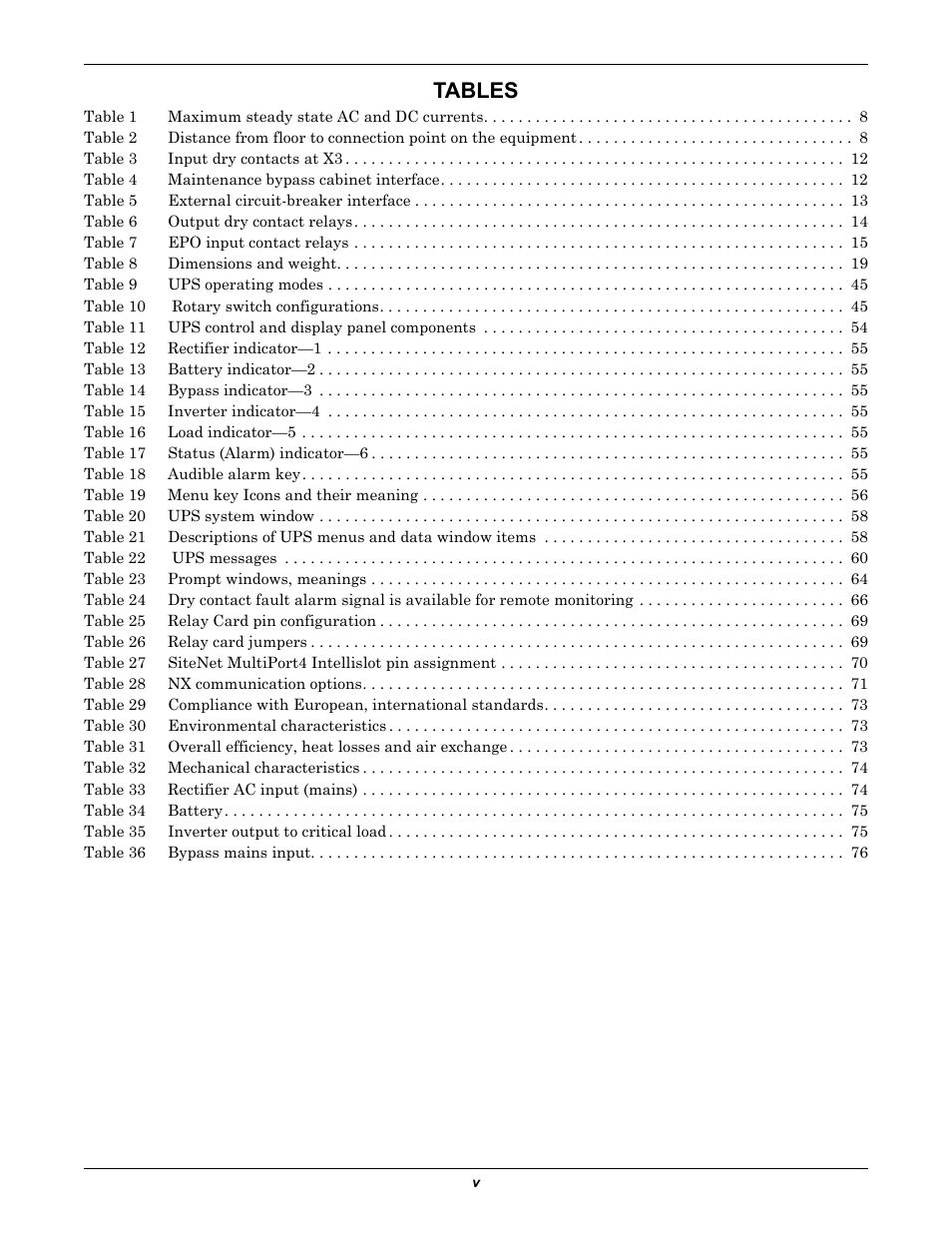 Tables | Liebert Emerson NX UPS System User Manual | Page 7 / 88