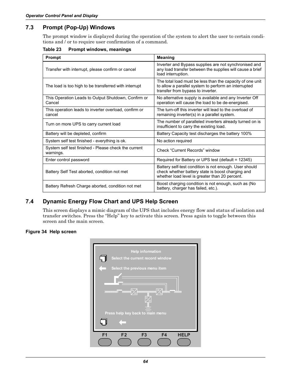 3 prompt (pop-up) windows, Table 23 prompt windows, meanings, 4 dynamic energy flow chart and ups help screen | Figure 34 help screen, Prompt (pop-up) windows, Dynamic energy flow chart and ups help screen, Table 23, Prompt windows, meanings | Liebert Emerson NX UPS System User Manual | Page 72 / 88