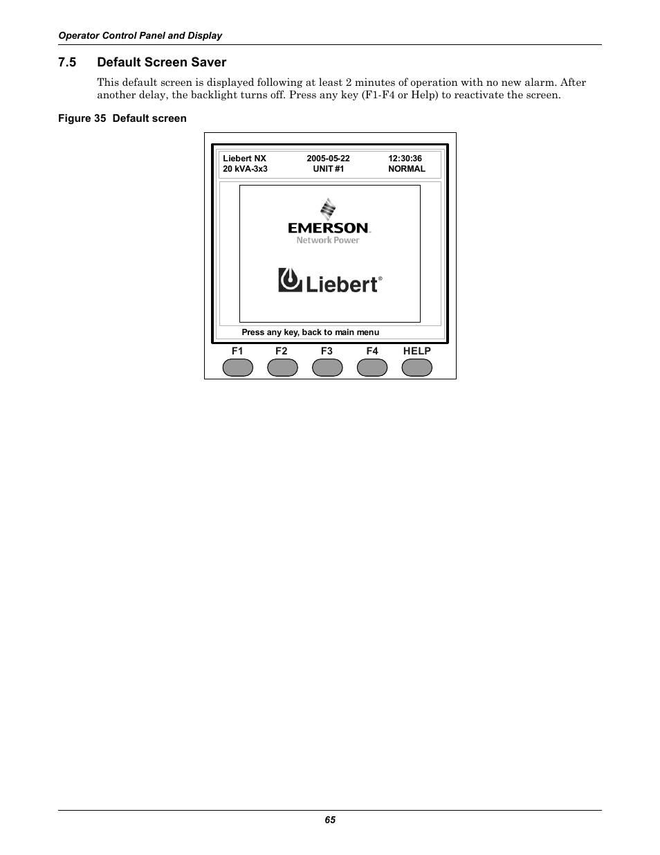 5 default screen saver, Figure 35 default screen, Default screen saver | Liebert Emerson NX UPS System User Manual | Page 73 / 88