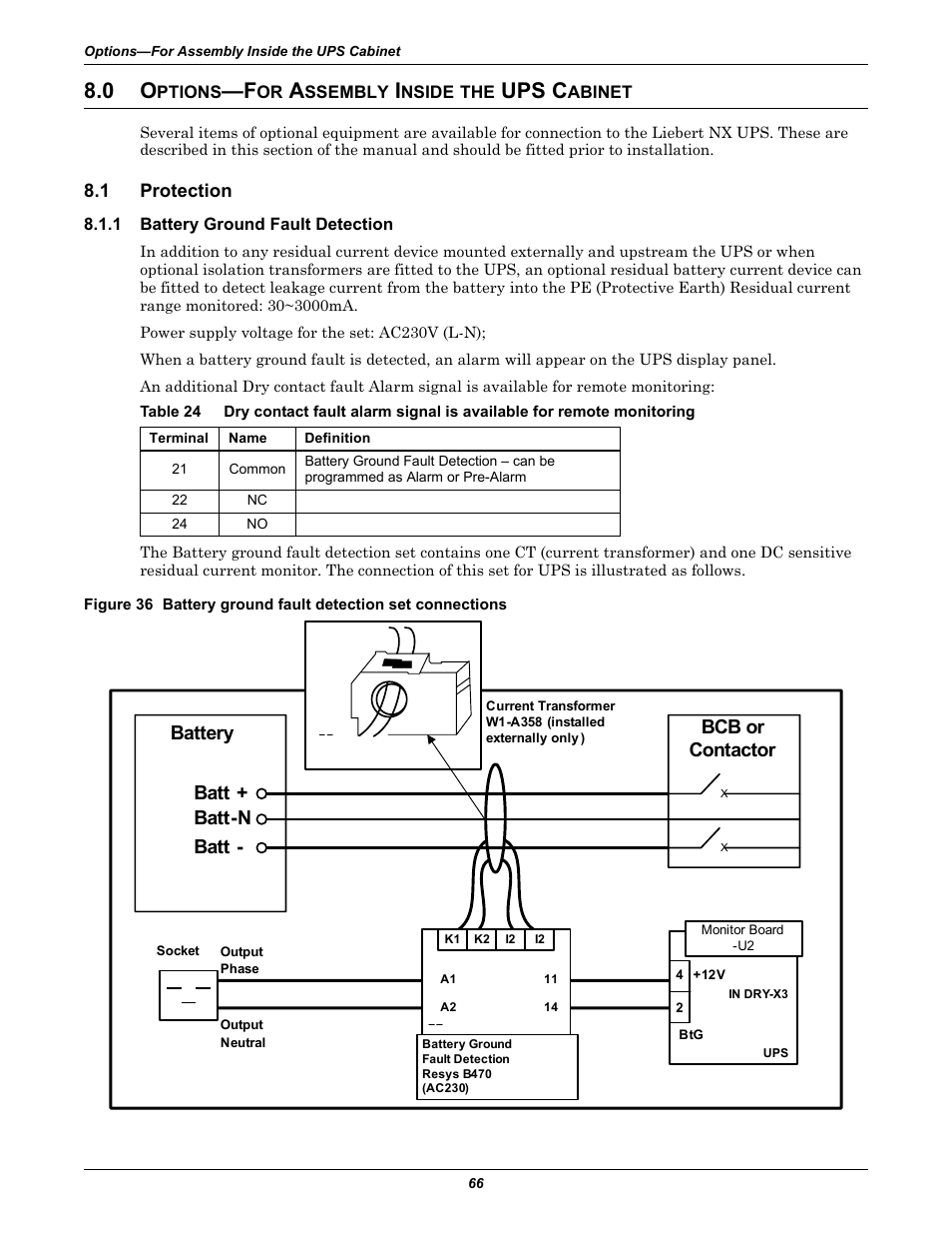 0 options-for assembly inside the ups cabinet, 1 protection, 1 battery ground fault detection | Ptions, Ssembly, Nside, Ups c, Abinet, Protection, Battery ground fault detection | Liebert Emerson NX UPS System User Manual | Page 74 / 88