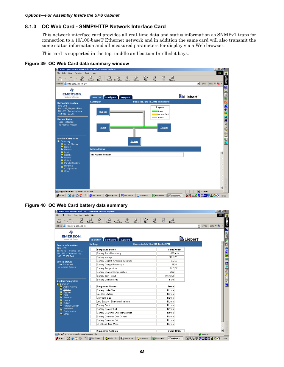 3 oc web card - snmp/http network interface card, Figure 39 oc web card data summary window, Figure 40 oc web card battery data summary | Oc web card - snmp/http network interface card | Liebert Emerson NX UPS System User Manual | Page 76 / 88