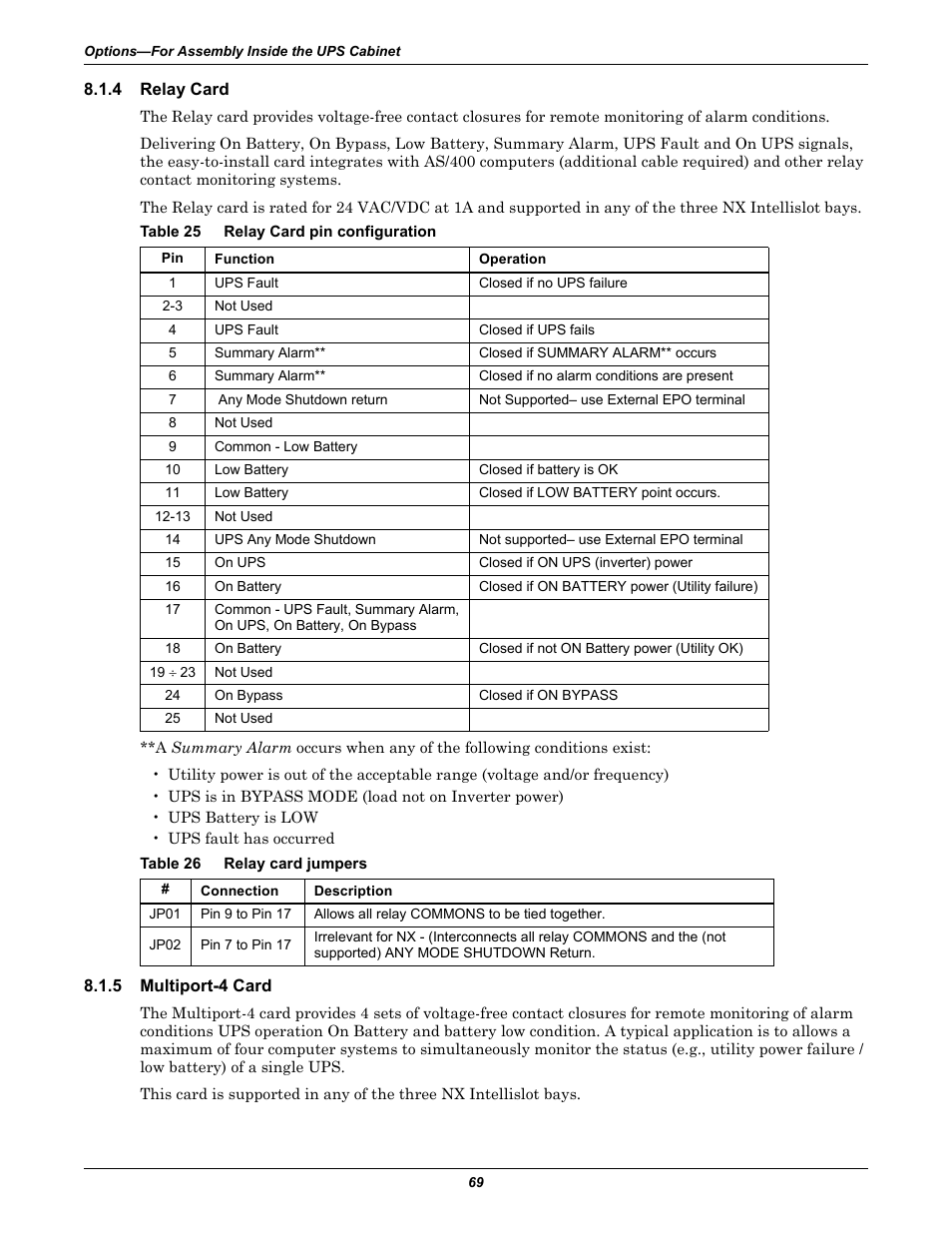 4 relay card, Table 25 relay card pin configuration, Table 26 relay card jumpers | 5 multiport-4 card, Relay card, Multiport-4 card, Table 25, Relay card pin configuration, Table 26, Relay card jumpers | Liebert Emerson NX UPS System User Manual | Page 77 / 88