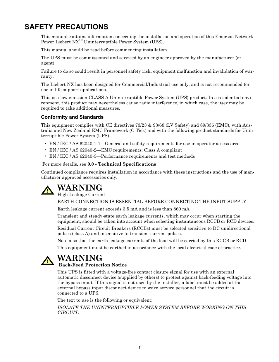 Safety precautions, Conformity and standards, Warning | Liebert Emerson NX UPS System User Manual | Page 9 / 88