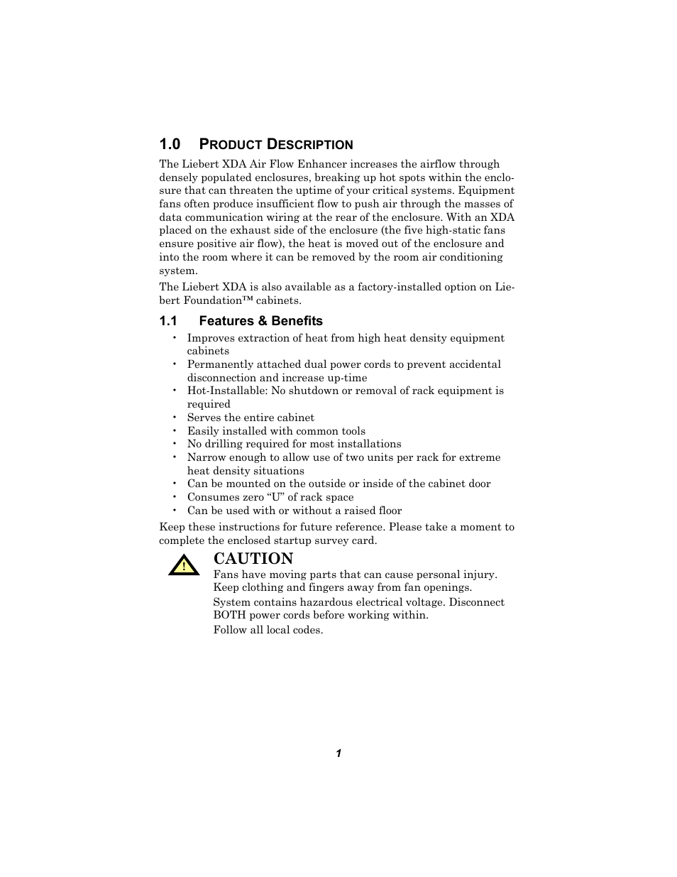 0 product description, 1 features & benefits, Caution | Liebert Air Flow Enhander XDA User Manual | Page 5 / 16