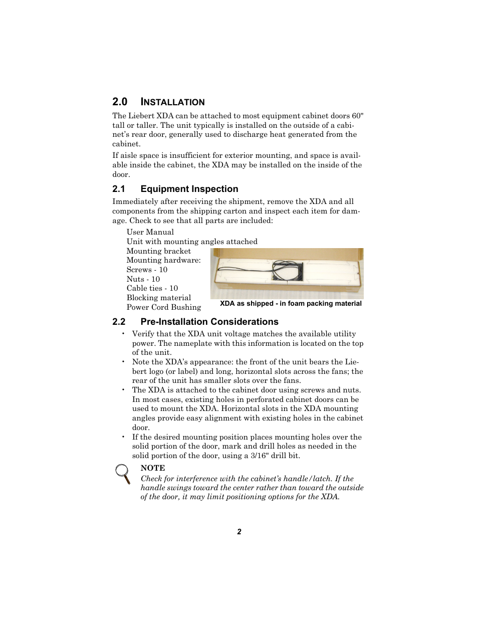 0 installation, 1 equipment inspection, 2 pre-installation considerations | Liebert Air Flow Enhander XDA User Manual | Page 6 / 16